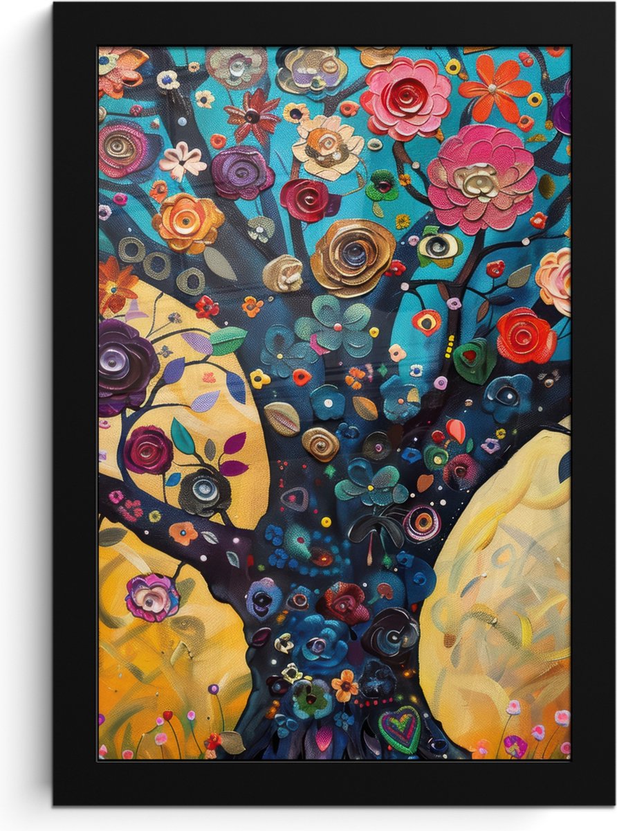 FrameYourWall Poster in lijst - Fotolijst 20x30 cm - Posters - Boom - Levensboom - Kleurrijk - Bloemen - Modern - Posterlijst zwart - Decoratie - Wanddecoratie woonkamer - Muurdecoratie slaapkamer