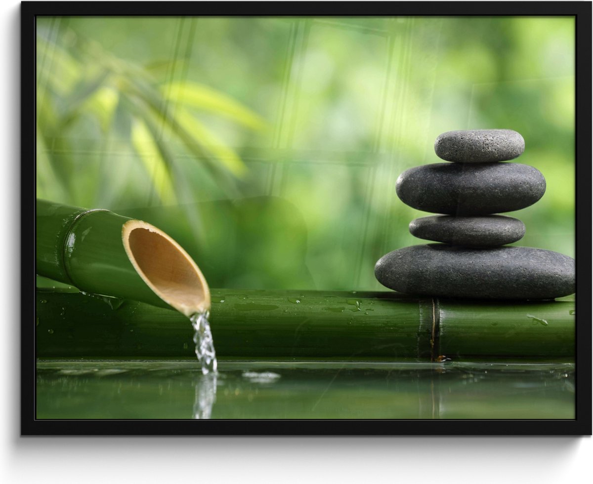 FrameYourWall Poster in lijst - Fotolijst 80x60 cm - Posters - Zen - Stenen - Groen - Natuur - Bamboe - Posterlijst zwart - Wanddecoratie badkamer - Muurdecoratie WC - Decoratieve accessoires - Toilet muur decoratie