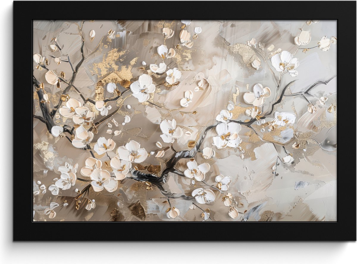 FrameYourWall Poster in lijst - Fotolijst 30x20 cm - Posters - Bloemen - Wit - Goud - Beige - Luxe - Posterlijst zwart - Decoratie - Wanddecoratie woonkamer - Muurdecoratie slaapkamer