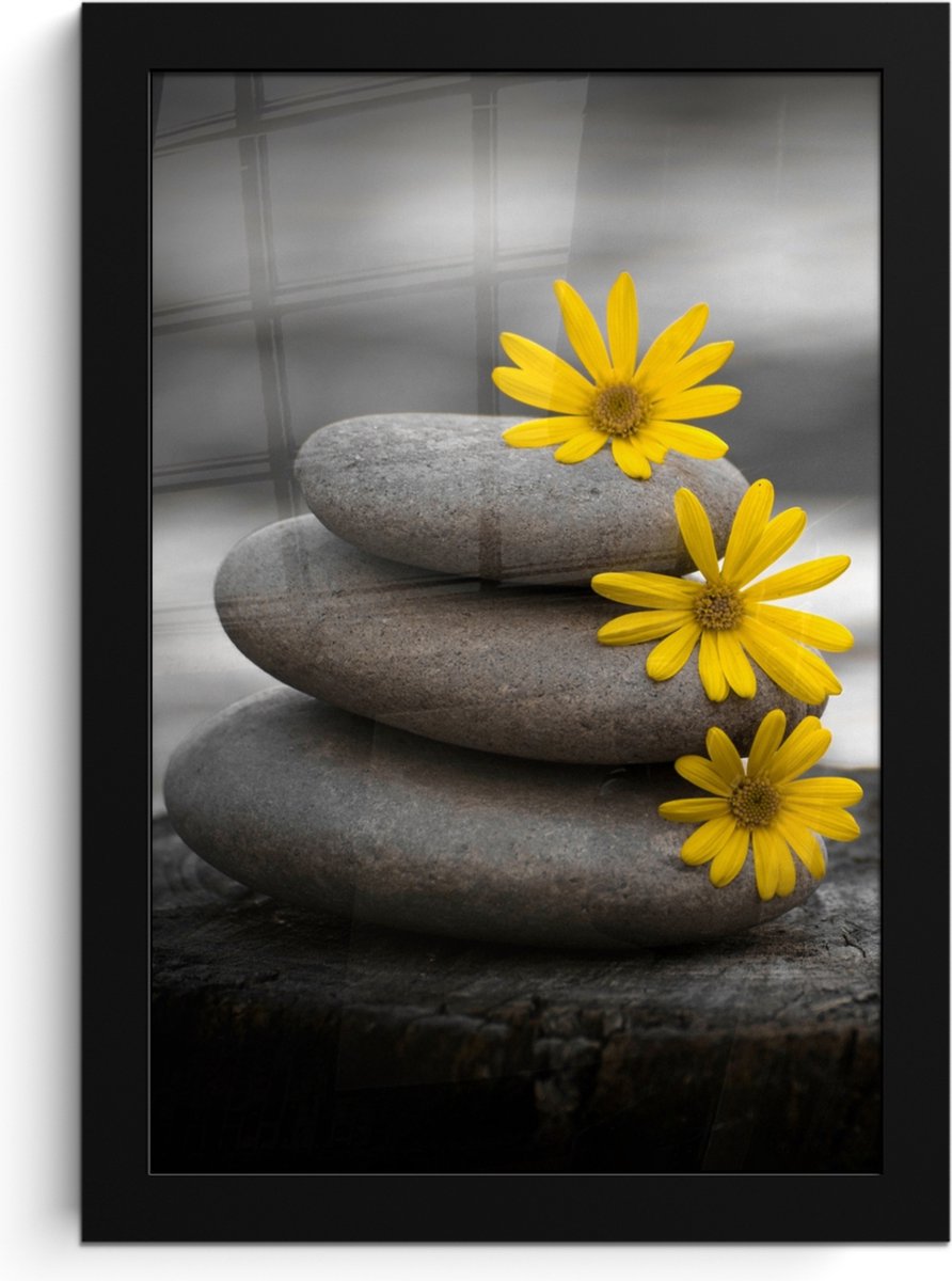 FrameYourWall Poster in lijst - Fotolijst 20x30 cm - Posters - Zen stenen - Bloemen - Geel - Natuur - Posterlijst zwart - Wanddecoratie badkamer - Muurdecoratie WC - Decoratieve accessoires - Toilet muur decoratie Stenen - Grijs
