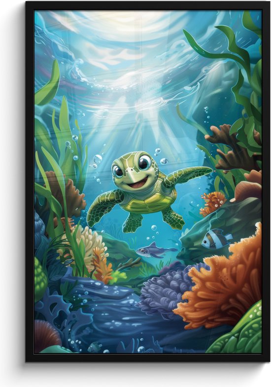 Poster in lijst - Fotolijst 60x90 cm - Posters - Schildpad - Zeedieren - Onderwater - Zeewier - Posterlijst zwart - Kamer decoratie - Wanddecoratie kinderkamer - Muurdecoratie babykamer