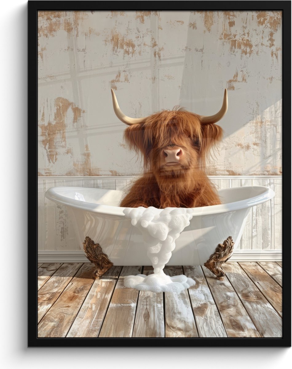 FrameYourWall Poster in lijst - Fotolijst 60x80 cm - Posters - Schotse hooglander - Badkuip - Vintage - Koe - Posterlijst zwart - Wanddecoratie badkamer - Muurdecoratie WC - Decoratieve accessoires - Toilet muur decoratie