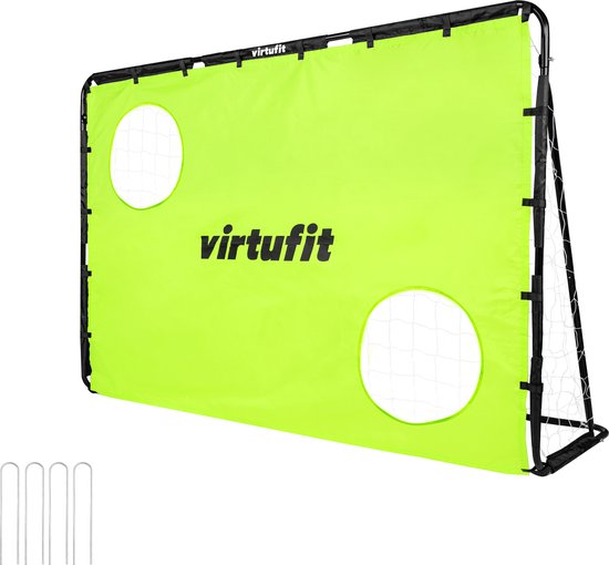 VirtuFit voetbaldoel met groen oefendoek met twee ronde gaten, merknaam VirtuFit erop.