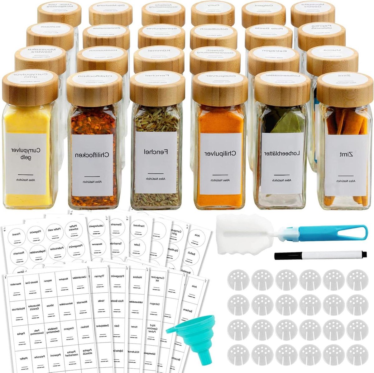 24 vierkante glazen kruidenpotjes met strooi-inzetstuk 113 gram set van 398 etiketten 120 ml kruidenpotjes kruidenstrooier siliconen trechter borstel krijtstift bamboedeksel Kruidenpotjes vierkant