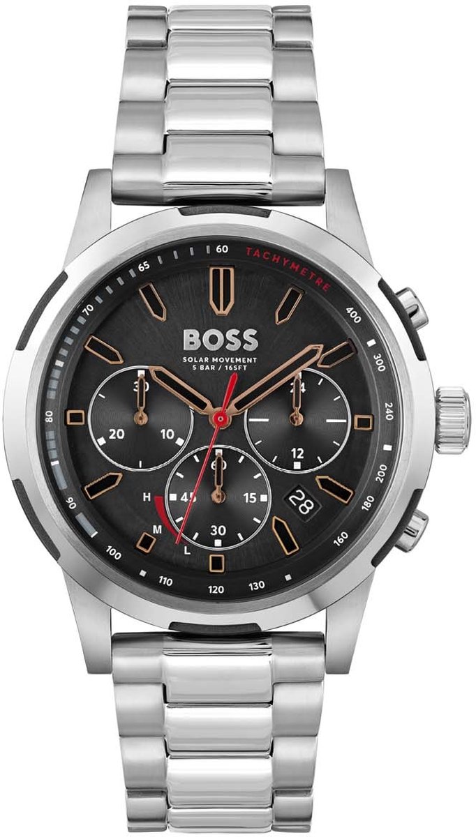 BOSS HB1514032 SOLGRADE Heren Horloge - Mineraalglas - Staal - Zilverkleurig - 44 mm breed - Quartz - Vouw-Vlindersluiting - 5 ATM (douchen)