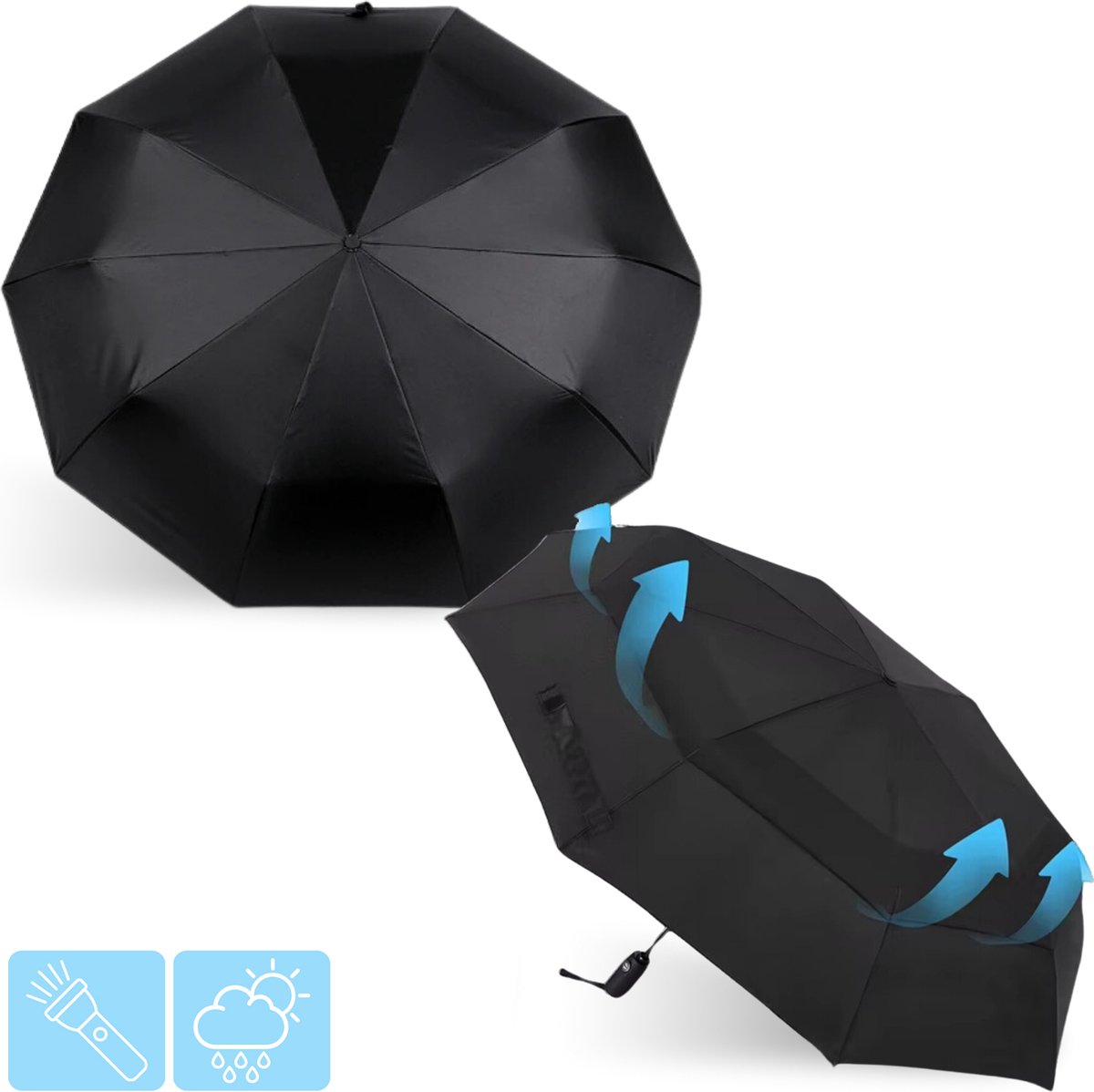 Stormparaplu opvouwbaar met zaklamp - paraplu - automatisch uitklapbaar - 12 Panelen -