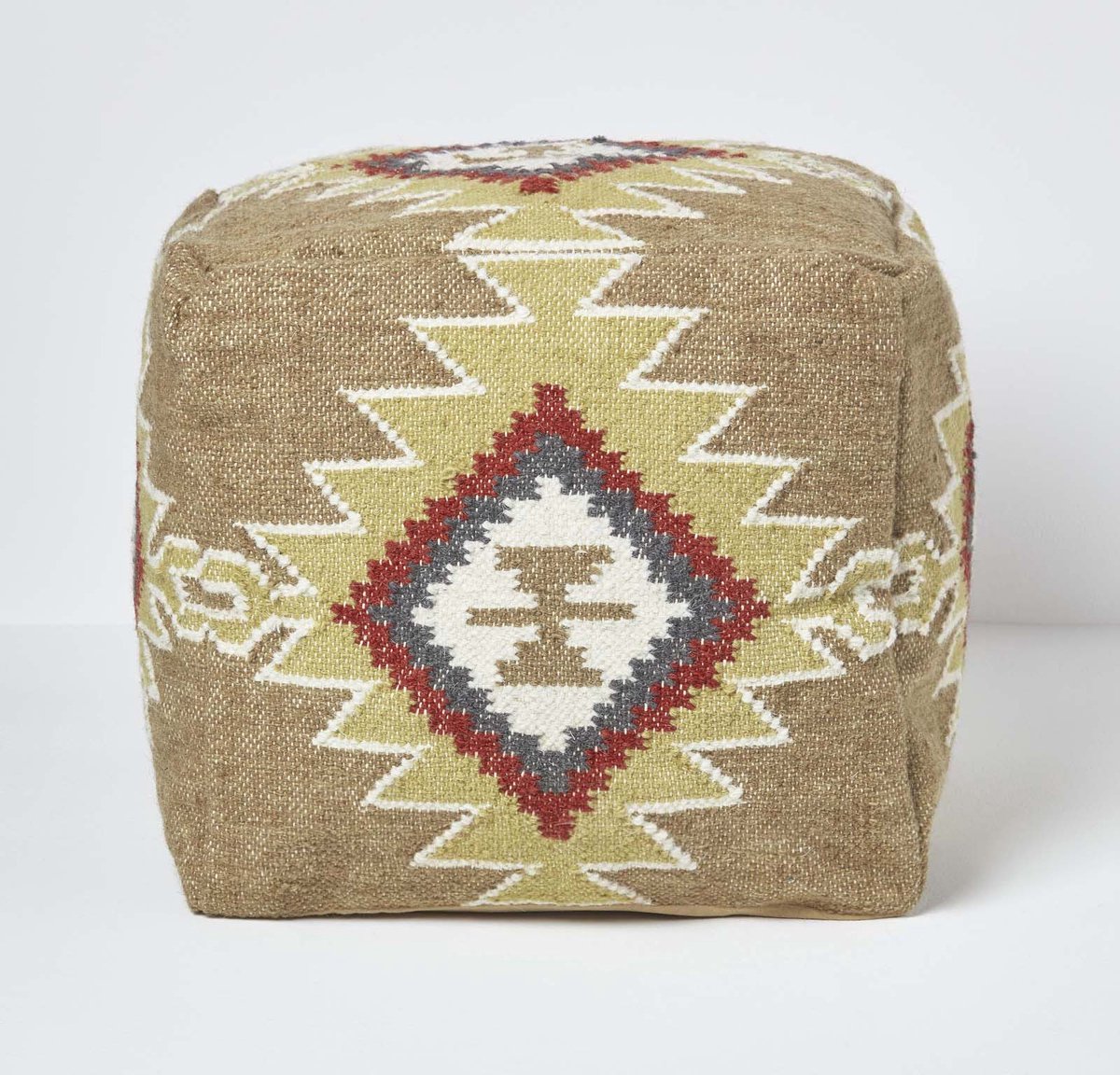 Homescapes Poef in boho look, bruin en oranje kelim-voetenbank Jaipur, thema vloerkussen voor woonkamer of slaapkamer, van wol en katoen in retro stijl, 43 x 43 x 43 cm Bruin en rood.