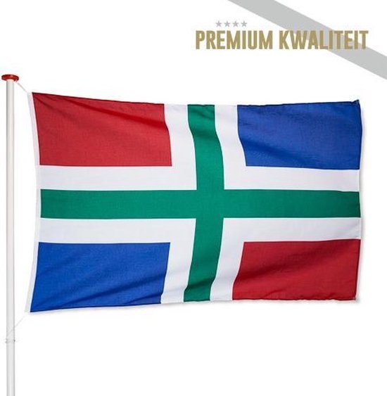 Groningse vlag met rood, wit, groen en blauwe vlakken, met de tekst 'PREMIUM KWALITEIT'.