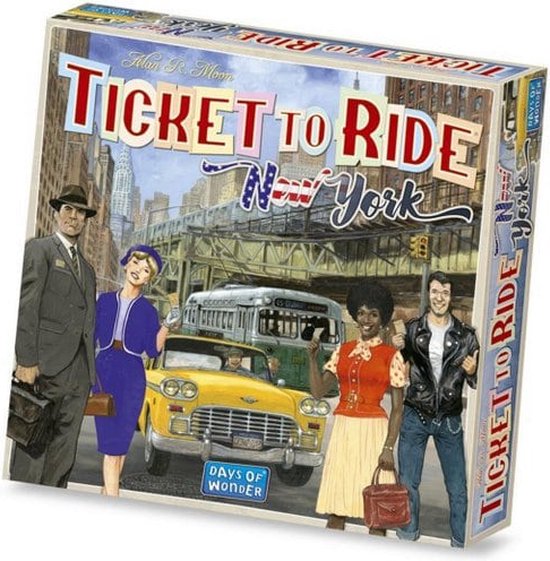 Doos van het bordspel Ticket to Ride New York met op de voorkant een illustratie van een gele taxi, een bus en vier mensen op een stadsplein.