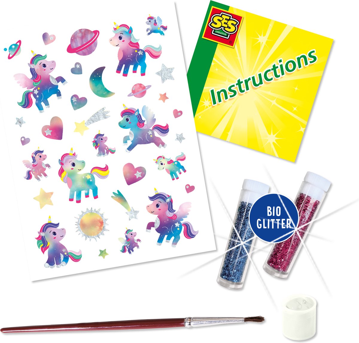 SES Creative Galaxy Unicorn Tattoos met Cosmetische Glitter - 32 Stuks - Voor Meisjes vanaf 5 Jaar - Tattoos Kinderen - Eenvoudig Verwijderbaar - Schoencadeautjes Sinterklaas — cadeau in Hobby - foto 2