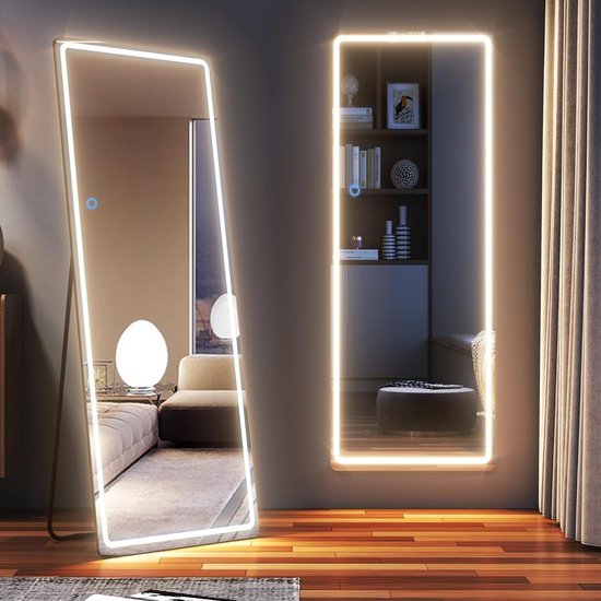 LVSOMT Volledige spiegel met lichtboog, 153 x 50 cm, led-vloerspiegel, lange wandspiegel met verlichting, grote gebogen vloerspiegel, full-body spiegel voor slaapkamer, zwart