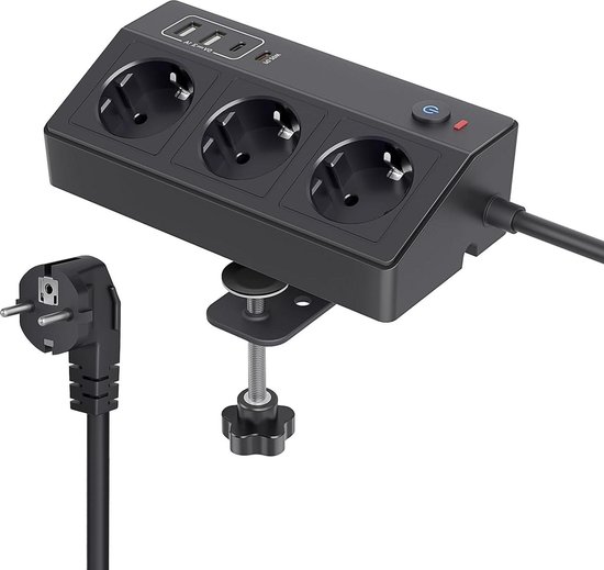 Tafelstopcontact met USB C PD 20 W, 4000 W/16 A, 3-voudig meervoudig stopcontact met 2 m kabel en schakelaar, stekkerdoos met overspanningsbeveiliging, ideaal voor bureau, thuis/kantoor