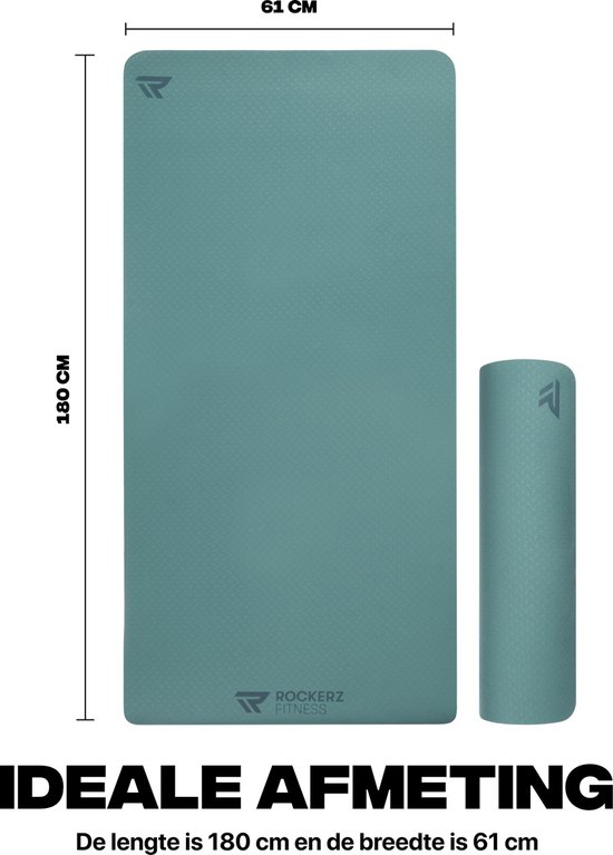 Turquoise yogamat van 180 x 61 cm, naast de opgerolde mat.