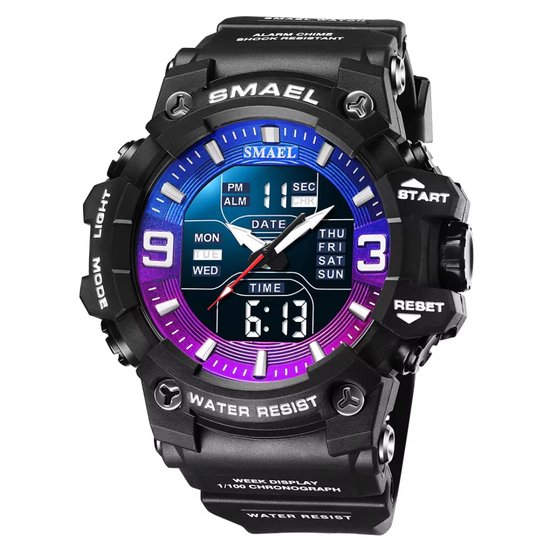 Zwart Smael-horloge met een blauw-paarse wijzerplaat, digitale en analoge display, en 'WATER RESIST' markering.
