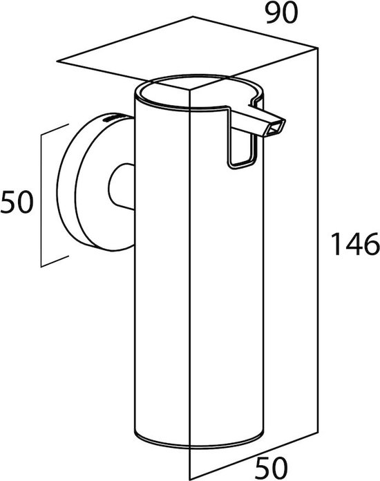 Technische tekening van een geborstelde RVS zeepdispenser, 50x50x146mm.