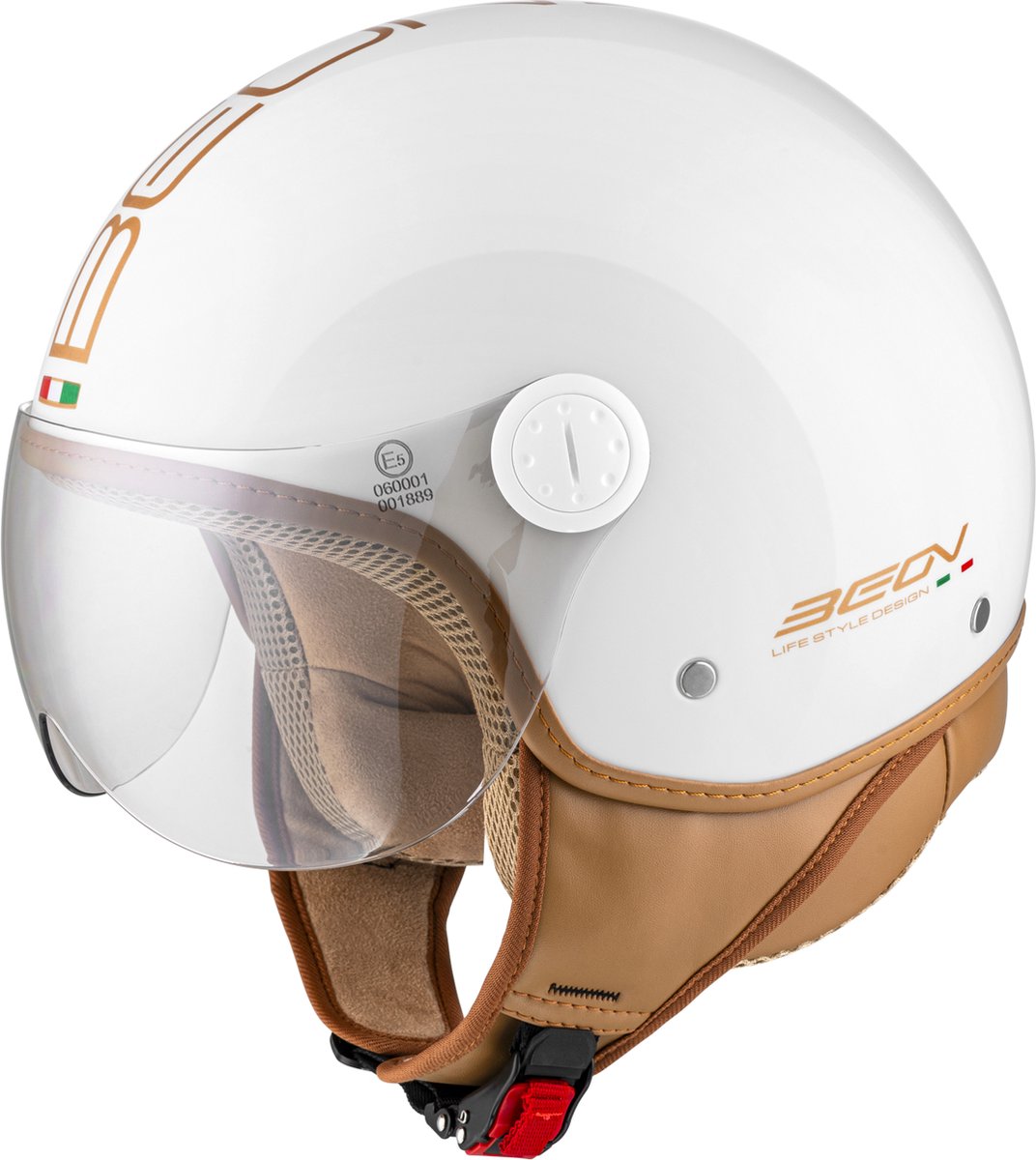 BEON Design luxe wit scooterhelm dames - Jethelm met vizier - Geschikt als Scooter dames helm Brommerhelm Motorhelm Snorfiets helm - Retro Vespa helm scooter voor volwassen, vrouwen - XL - Wit - Gratis helmtas