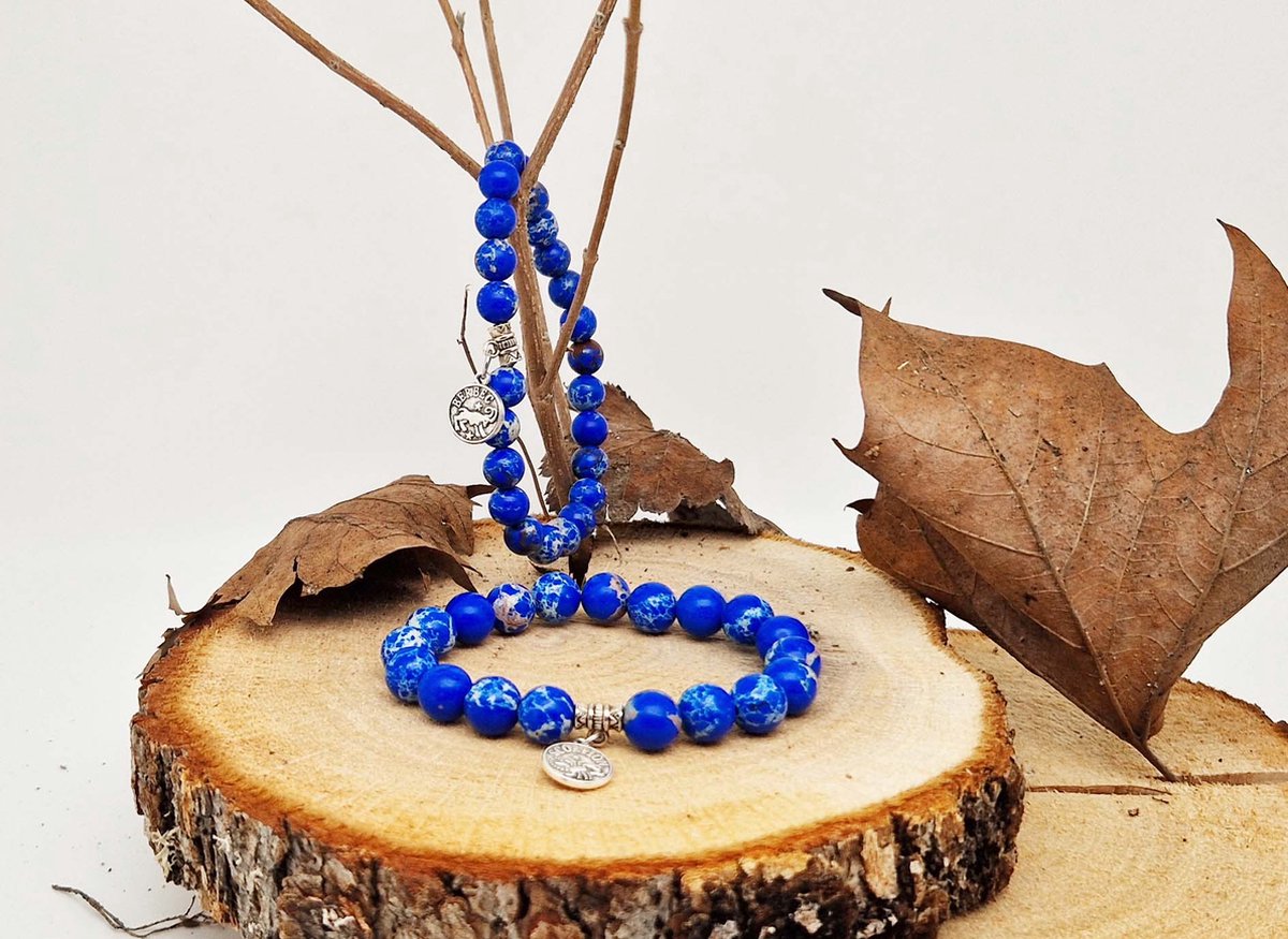 Handgemaakte natuursteen Geluksarmband met hanger "Astrologische Symbolen " Lapis Lazuli" -10 mm diameter van de korrel- Diameter armband 20 cm - Kies je favoriete Astrologische Symbolen - Een mooi cadeau voor familie en vrienden