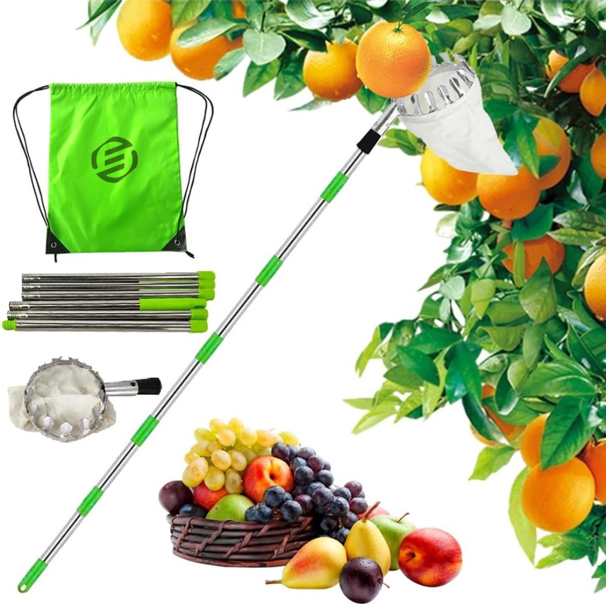 Equivera Appelplukker - Fruitplukker - Appel Plukker - Fruit Plukker - Fruitplukker met Steel - Appelplukker met Steel - Vluchtenplukker - Gemakkelijk fruit plukken!