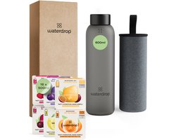 waterdrop® Starterset Glas - Black Frosted - Glazen Drinkfles 600ml + 18 Microdrink Bruistabletten – Herbruikbare Waterfles, Lekvrij, BPA-vrij, Ideaal voor Thuis, Werk, Sport, Reizen – Hydratatie Set, Cadeau Idee