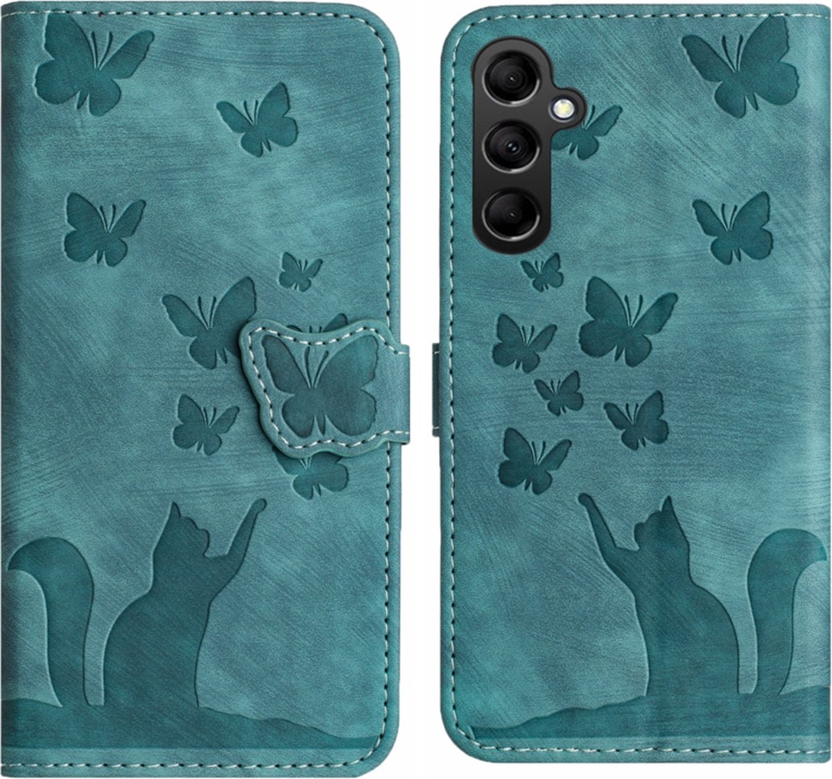 BookCover Etui Hoes geschikt voor Samsung Galaxy A35 - Groen - Vlinders en Kat