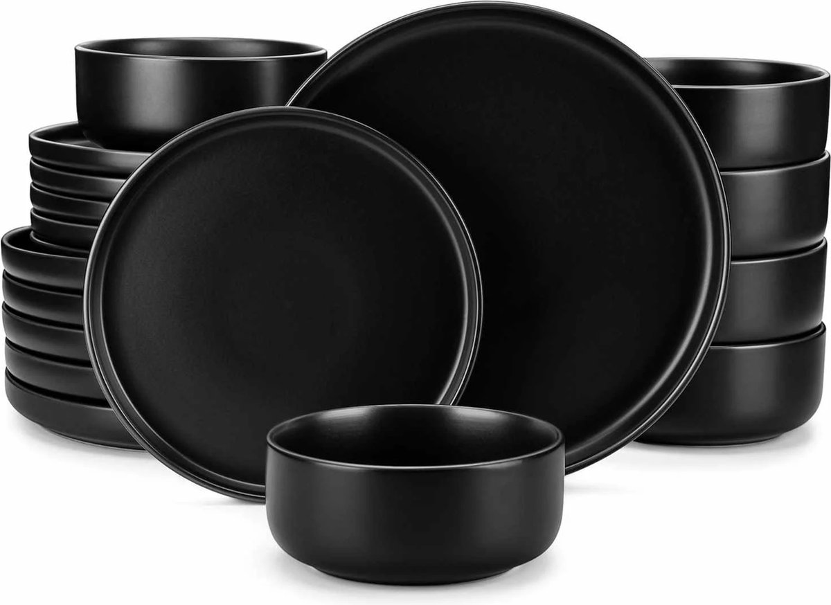 Luxe Serviesset – 18 delig – 6 persoons – Porselein - Bordenset – Dinner platen – Dessertborden - Kommen - Zwart