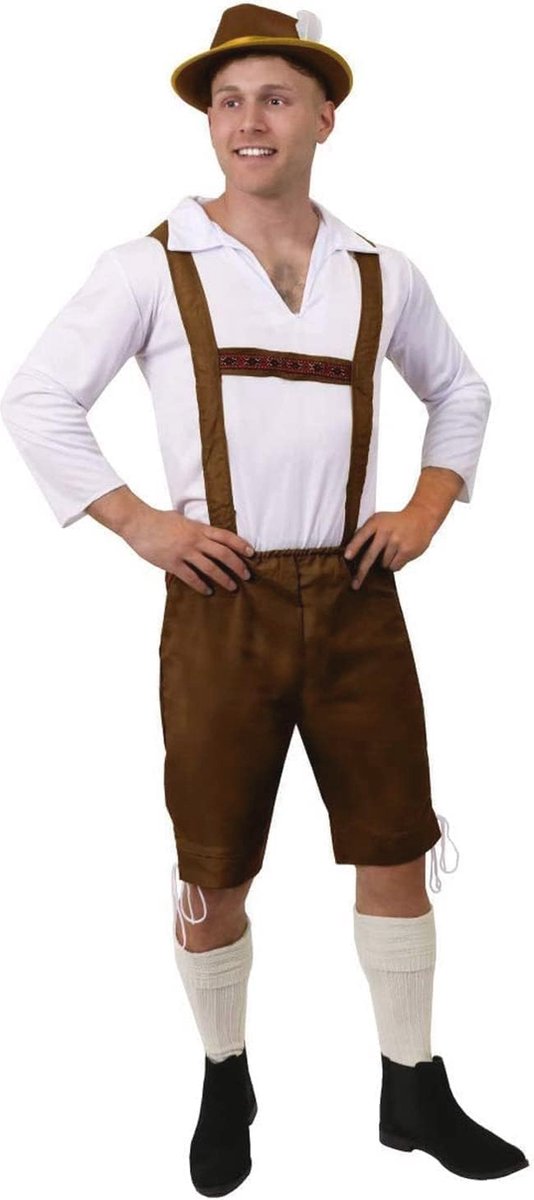 Herenkostuum voor Oktoberfest - Bruine Lederhosen met Wit Overhemd - Traditioneel Beierse Verkleedkleding