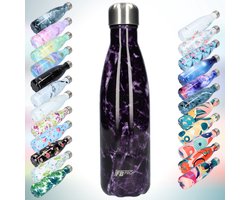 foto van FBFS26, Thermosfles, Drinkfles, Waterfles - Modern & Slank Design - Thermos Fles voor de Warme en Koude Dagen - Dubbelwandig - Robuuste Thermoskan - 500ml - Purple Storm Marble - Paarse Storm Marmer