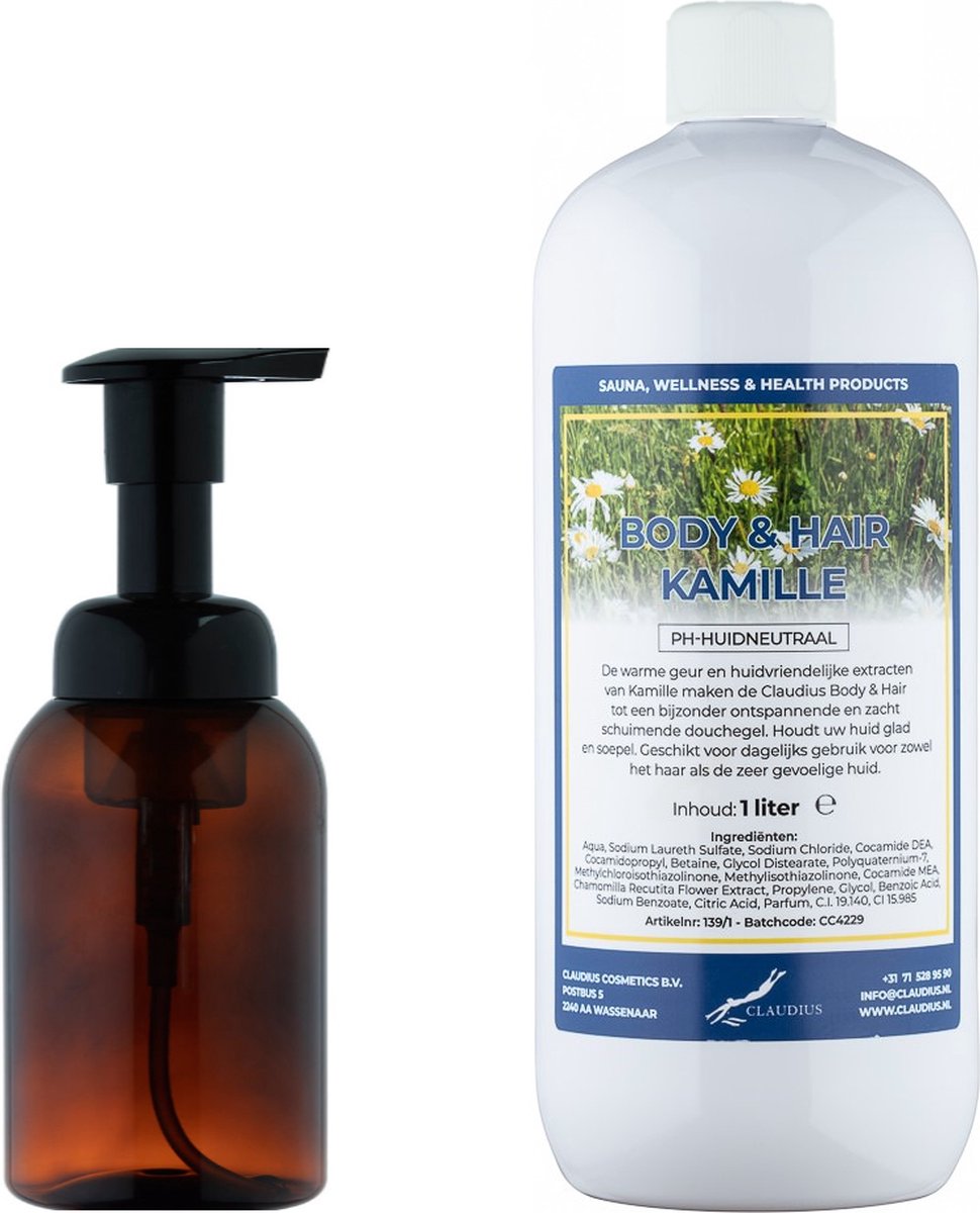 Goedkoopste Zeepdispenser 300 ml amber bruin hervulbaar 1 liter Body & Hair Kamille navulling