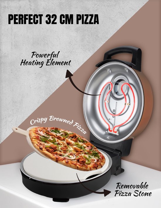 Bestron Turbo Pizzaoven - 320°C - Knapperige pizza’s in 5–10 min - Inclusief pizzasteen & 2 houten spatels - Koperkleur - 5 jaar garantie — afbeelding 5