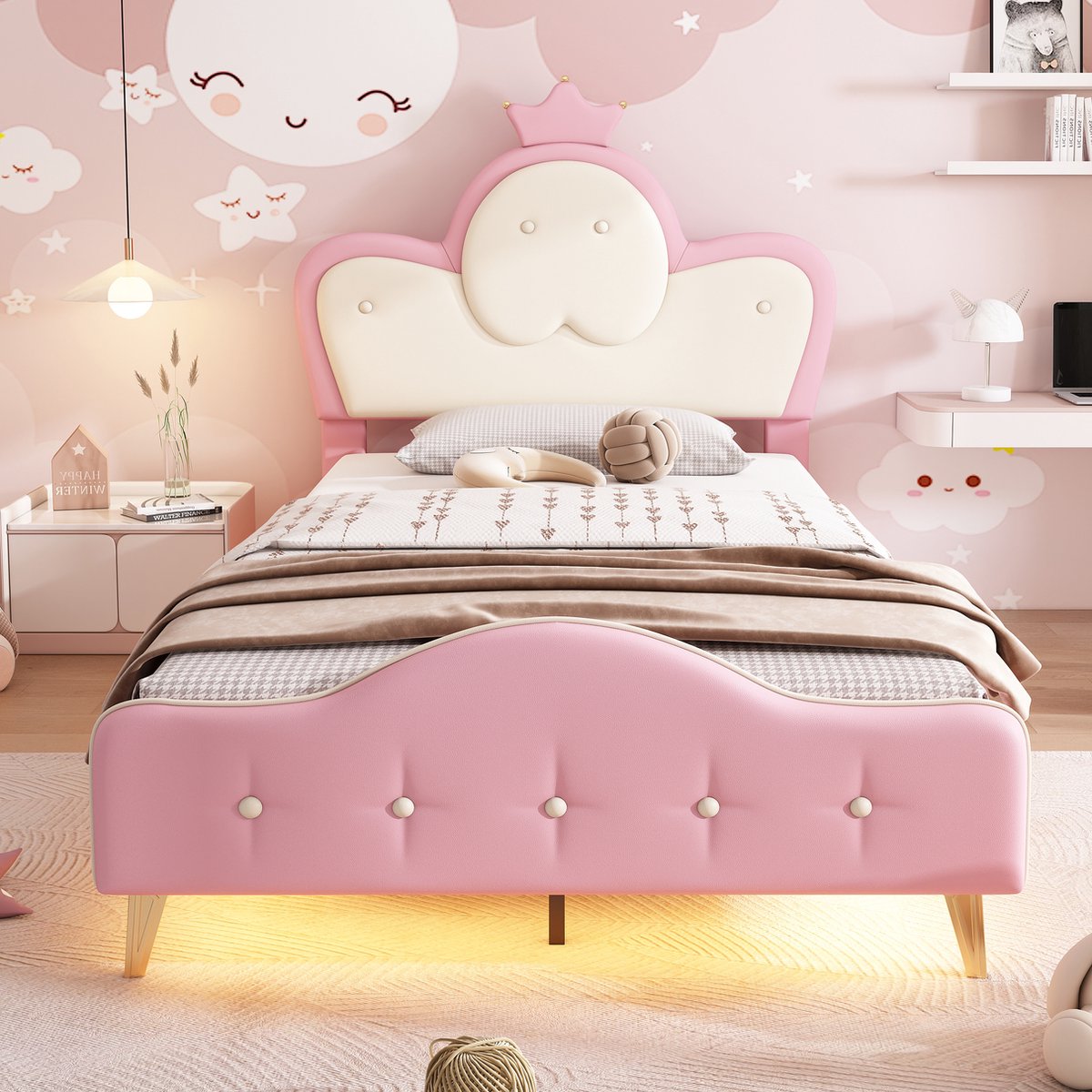 YJZQ Gestoffeerd kinderbed Eenpersoonsbed met LED-strip en zachte beschermranden golvend hoofdeinde met kroon metalen bedpoten PU-stof prinsessenbed 90x200cm roze + wit