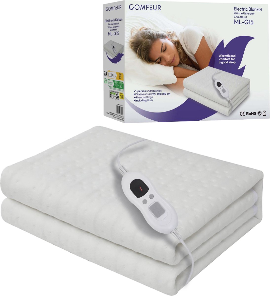 Pekatherm | Dubbele elektrische bedverwarmer | Afmeting 150 x 160 cm | 4 temperatuurniveaus | 100% polyester | Elektrische dekenhoezen Hoogwaardige matrassen | Pekatherm UP210DF