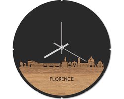 Skyline Klok Rond Florence Eikenhout - Ø 44 cm - Stil uurwerk - Wanddecoratie - Meer steden beschikbaar - Woonkamer idee - Woondecoratie - City Art - Steden kunst - Cadeau voor hem - Cadeau voor haar - Jubileum - Trouwerij - Housewarming -