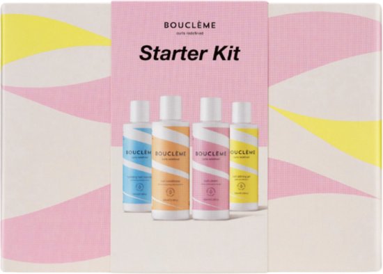 Bouclème Starter Kit met vier kleine flacons: blauw, oranje, roze, geel, in een doos met roze, gele en witte golven.