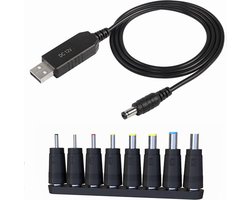 12V USB naar DC Power supply - met 8 opzetstukken - voedingskabel - 1M - voeding - 5V naar 12V booster adapter kabel - universeel - zwart