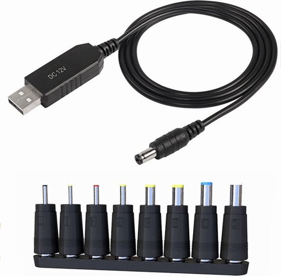 12V USB naar DC Power supply - met 8 opzetstukken - voedingskabel - 1M - voeding - 5V naar 12V booster adapter kabel - universeel - zwart