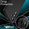 Zwarte telefoonhoes met schokabsorberende kussentjes voor "Drop Protection", met focus op de camera-uitsparing.
