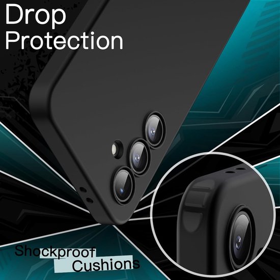 Zwarte telefoonhoes met schokabsorberende kussentjes voor "Drop Protection", met focus op de camera-uitsparing.