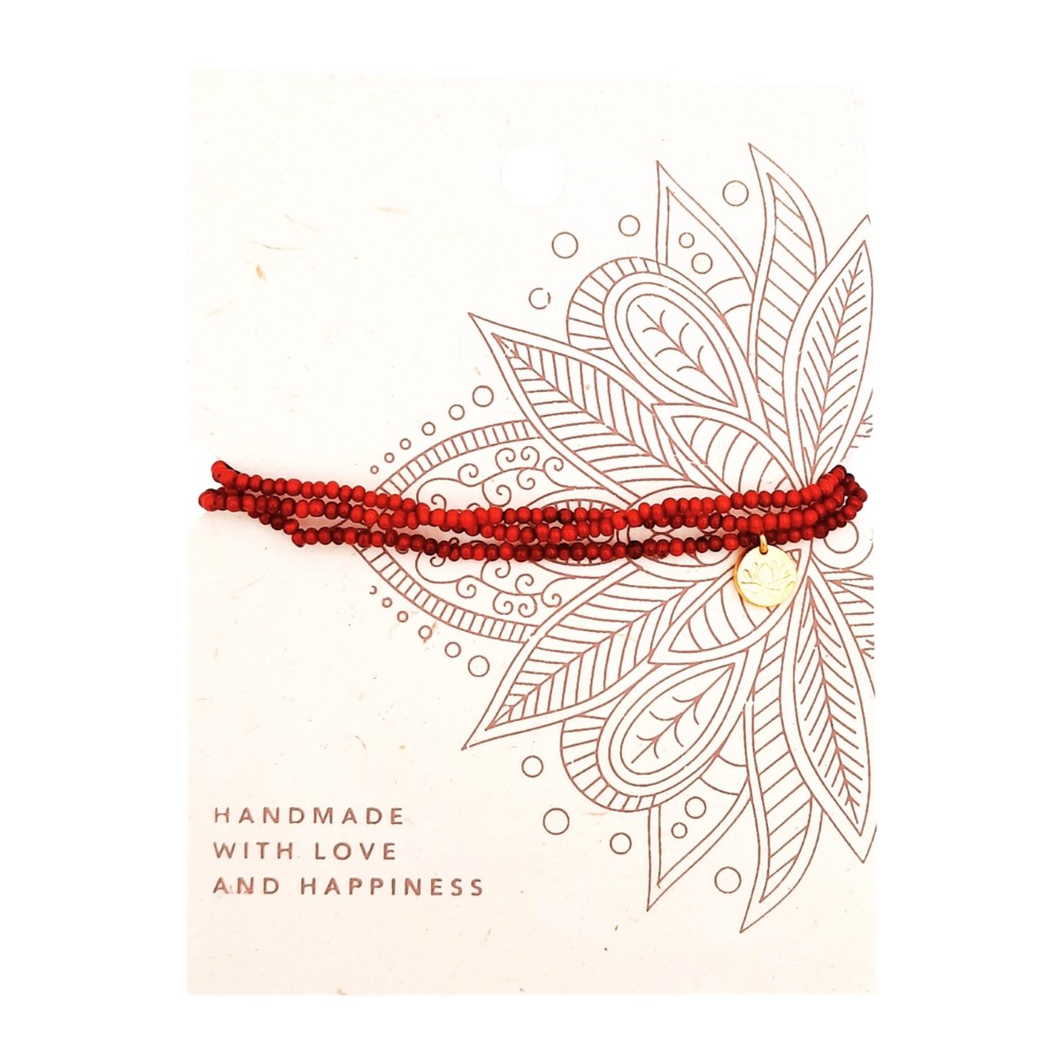 Armband | White Heart | Lotus | Rood - 3 strengen 'white heart' glaskraaltjes & verguld bedeltje lotus