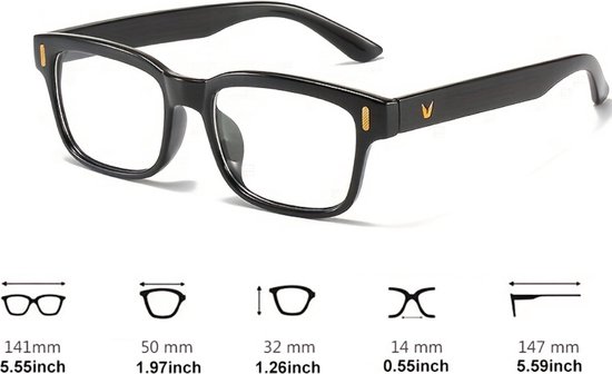 Zwarte bril met gouden accenten en afmetingen: 141mm breed, 50mm glas, 32mm hoog, 14mm neusbrug, 147mm pootjes.