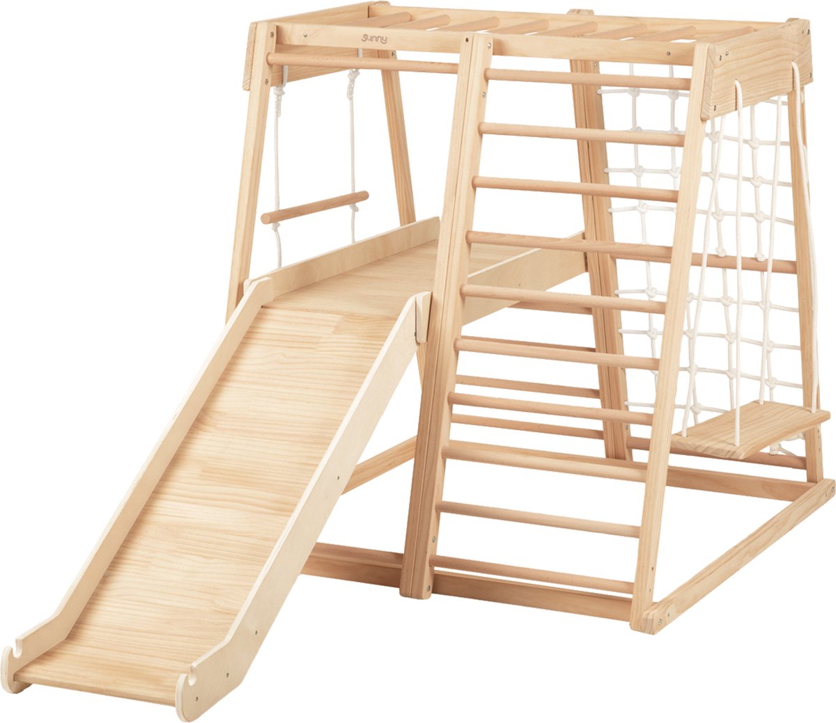 Sunny Mickie Klimtoren van Hout Naturel - Montessori Speelgoed – Incl. Glijbaan en Schommel - Multiplex en Grenenhout – EN71 veiligheidsnormen.