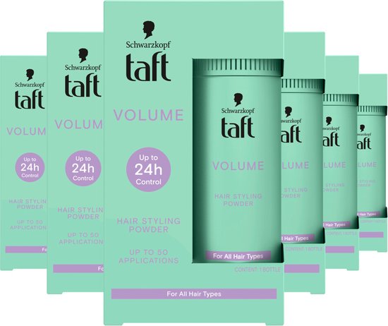 Groep van Taft Volume haarstyling poeder dozen en potjes in mintgroen.