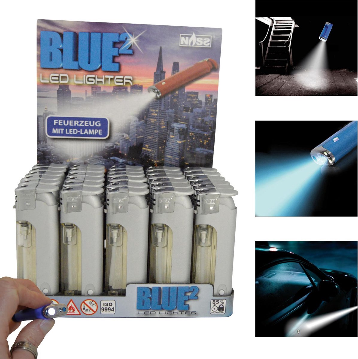 Goedkoopste Elektronische aansteker - Blue² Silver Edition Hervulbaar - Display 30 stuks - wegwerpaansteker - electronic lighter - klik aanstekers - aansteker met led lampje