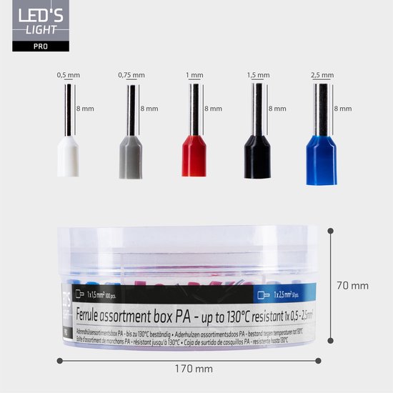Assortiment de ferrules - 5 tailles de 0,5mm² à 2,5mm² - 400 pièces - Ferrules PA