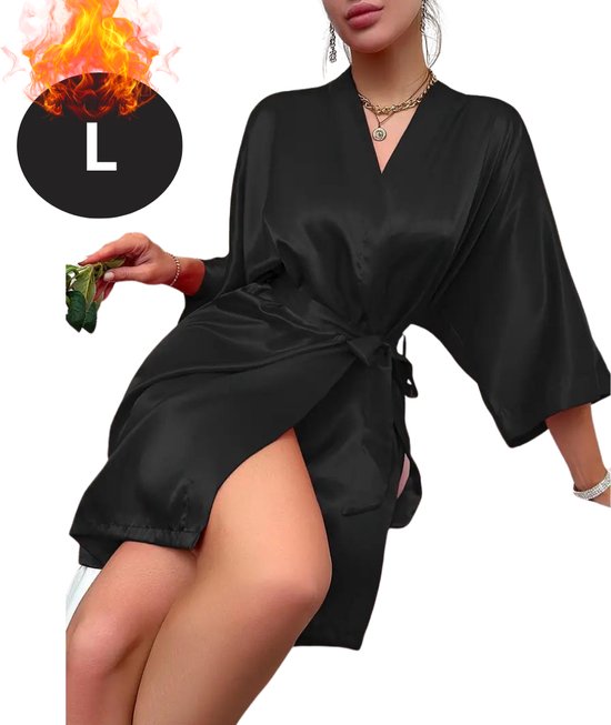Bovista Satijnen Jurk - Slipdress - Pyama Dames - Badjas - Ochtendjas - Kimono - Erotisch - Kamerjas - Zwart L