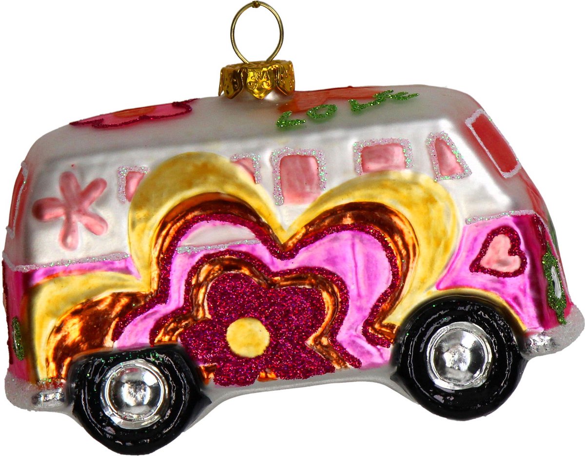 Kerstbal van glas in de vorm van een bestelwagen, multi gekleurd, 10.8 cm.