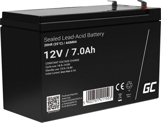 Green Cell 12V 7Ah (6.3mm) 7000mAh VRLA AGM accu