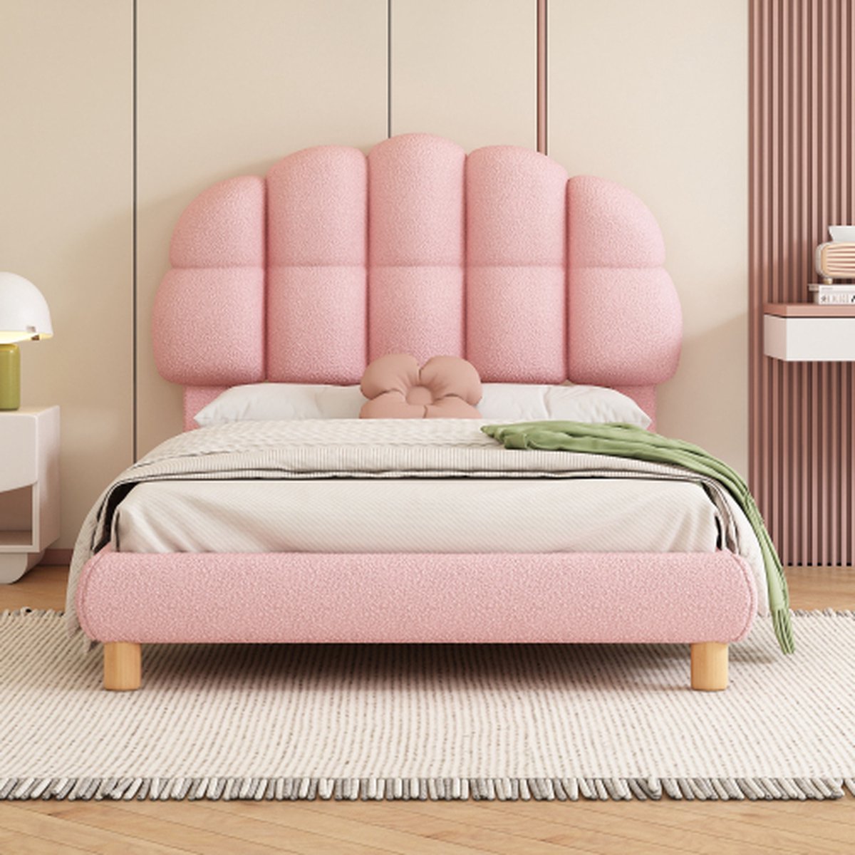 90x200cm eenpersoonsbed, kinderbed, jeugdbed, gestoffeerd bed, houten lattenbodem, rond vlies, roze