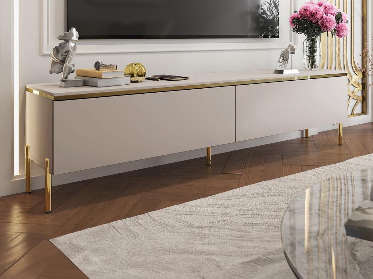 Vente-unique Tv-meubel met 2 deurtjes - Beige en goudkleurig - VUKIA