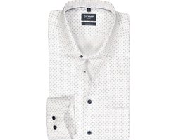 OLYMP modern fit overhemd - mouwlengte 7 - Oxford - wit met blauw dessin - Strijkvrij - Boordmaat: 40