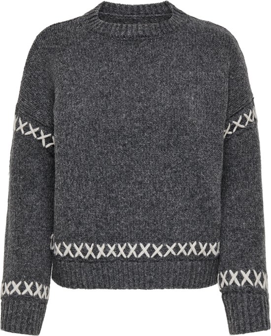 ONLY ONLAMANDA LIFE LS O-NECK DETAIL KNT NOOS Dames Trui - Dark Grey Melange Cloud Dancer